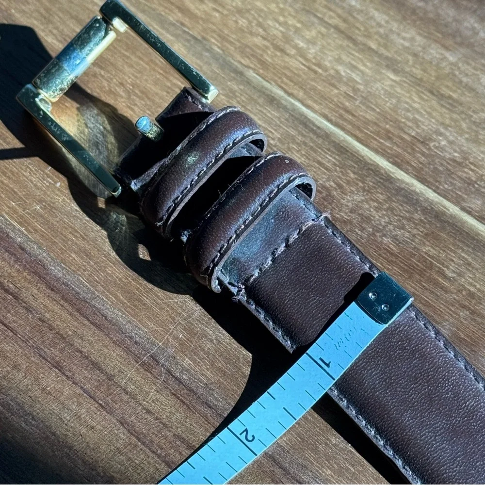 Men’s Genuine Leather Brown Belt Size 44 46 Classic Brass Tone Buckle